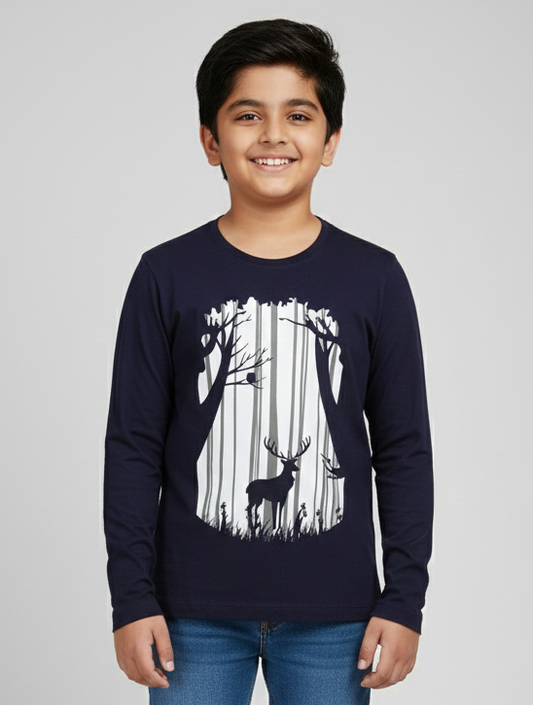 Navy Jungle And Deer Printed Cotton T-shirt