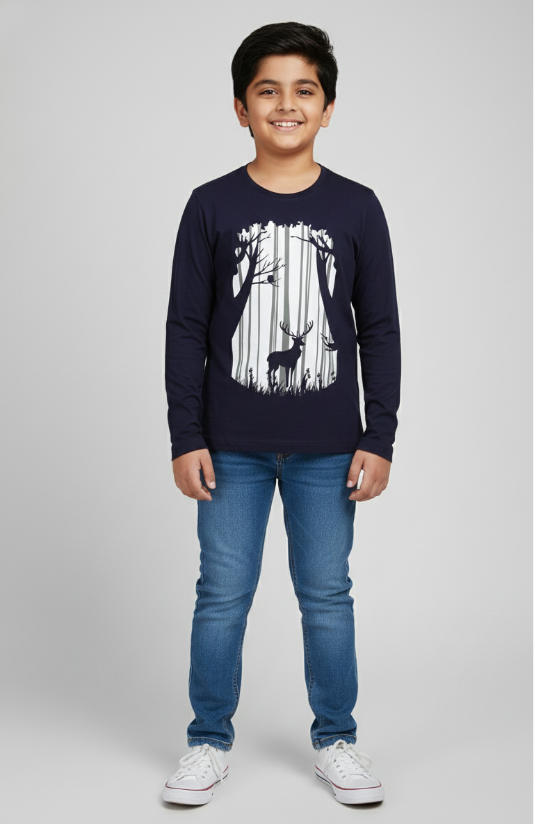 Navy Jungle And Deer Printed Cotton T-shirt
