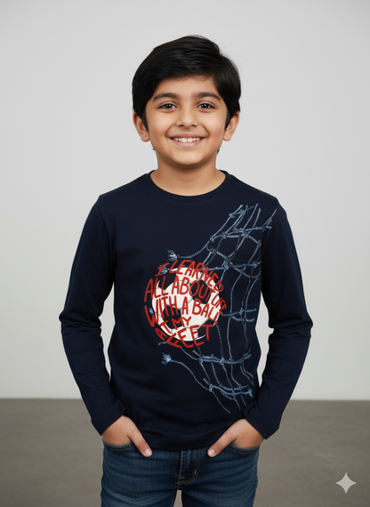 Kids Blue Football Printed Full Sleeves Cotton T-shirt