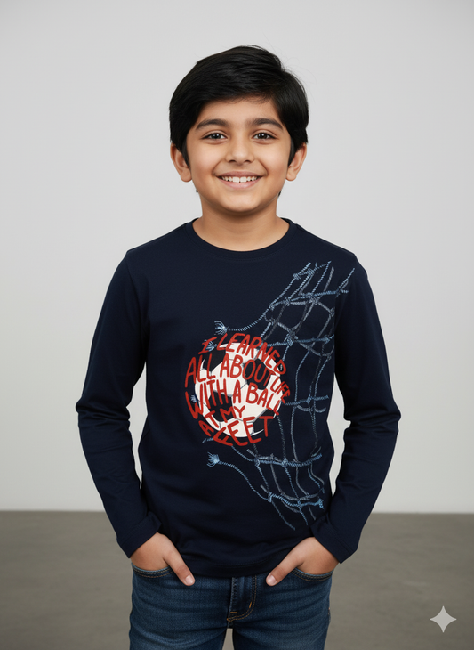 Kids Blue Football Printed Full Sleeves Cotton T-shirt