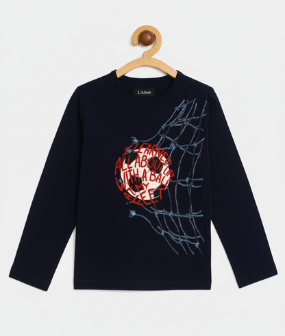 Kids Blue Football Printed Full Sleeves Cotton T-shirt