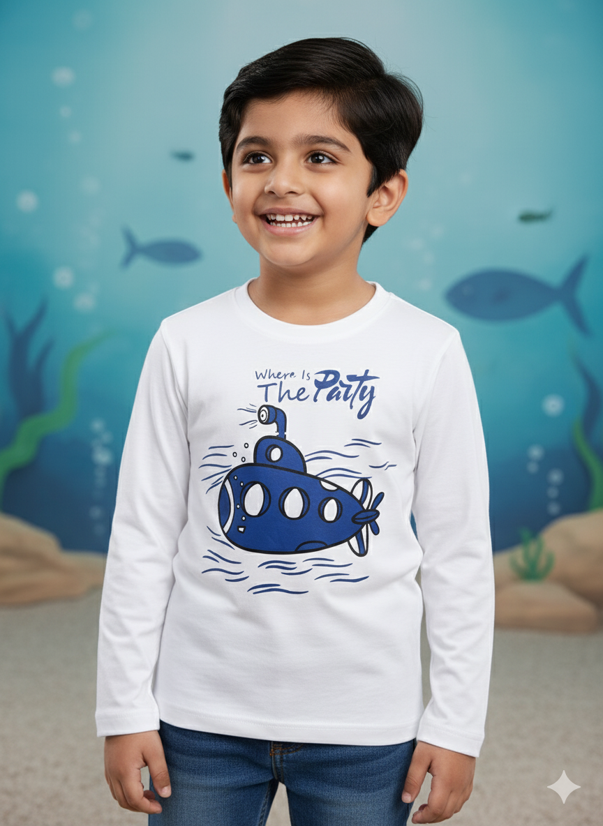 White Submarine Printed Round Neck Cotton T-shirt