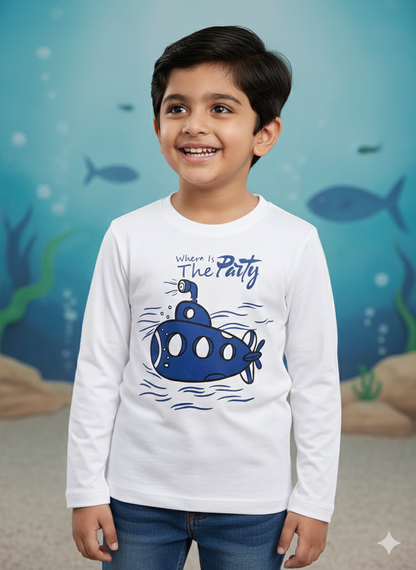 White Submarine Printed Round Neck Cotton T-shirt