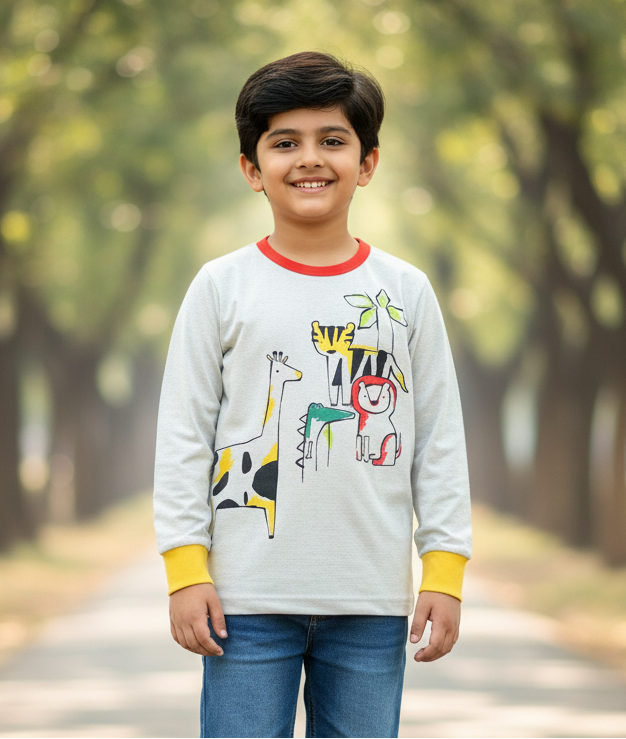 Kids Organic Full Sleeves Animal Print T-shirt