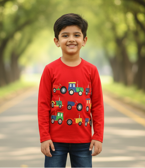 Kids Red Full Sleeves Train Cotton T-shirt