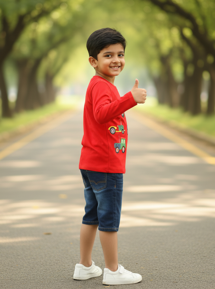 Kids Red Full Sleeves Train Cotton T-shirt