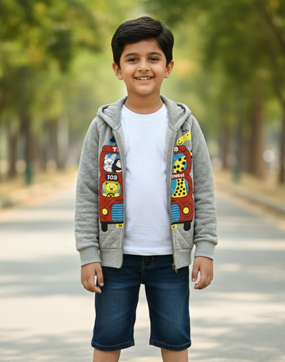 Kids Grey Animal Bus Quilted Cotton hooded Jacket