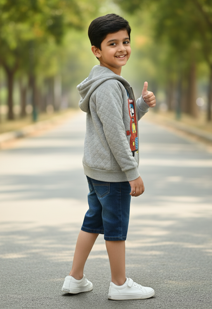 Kids Grey Animal Bus Quilted Cotton hooded Jacket