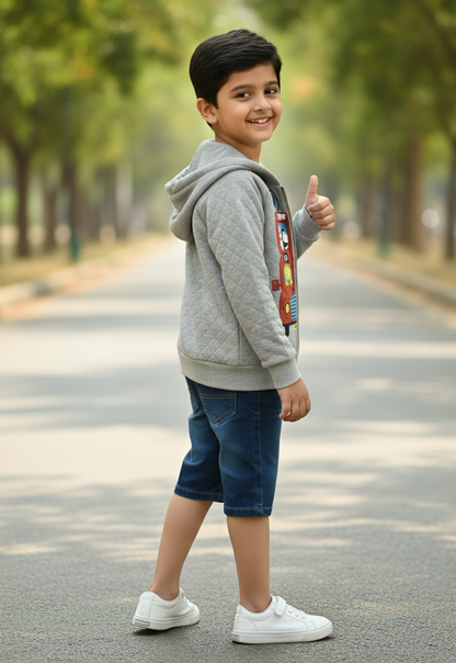 Kids Grey Animal Bus Quilted Cotton hooded Jacket