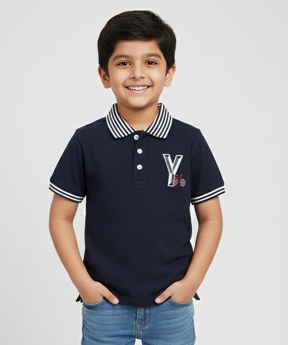 Boys Black Solid Polo Cotton T-shirt