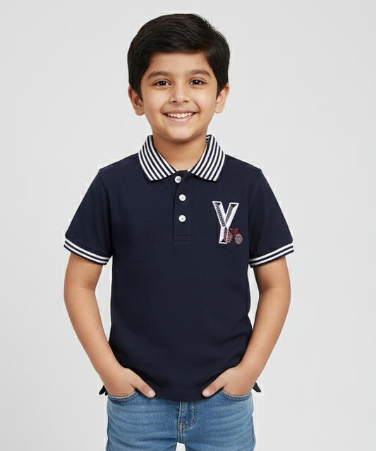 Boys Black Solid Polo Cotton T-shirt