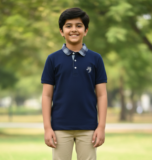Boys Blue Solid Polo Mercerised Cotton T-shirt