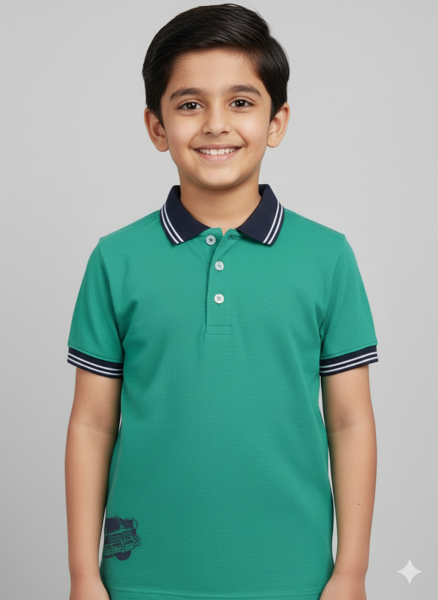 Boys Green Car Print Polo Cotton T-shirt