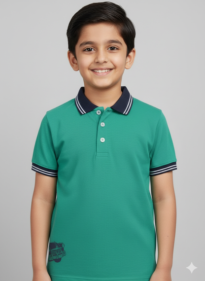 Boys Green Car Print Polo Cotton T-shirt