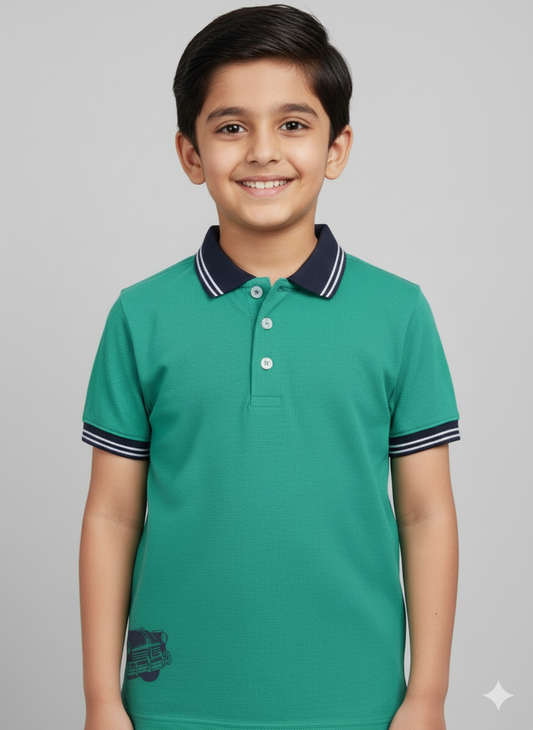Boys Green Car Print Polo Cotton T-shirt