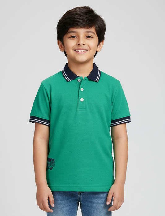 Boys Green Car Print Polo Cotton T-shirt