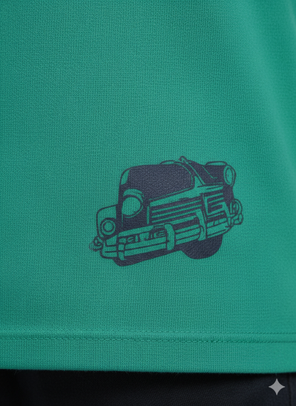 Boys Green Car Print Polo Cotton T-shirt