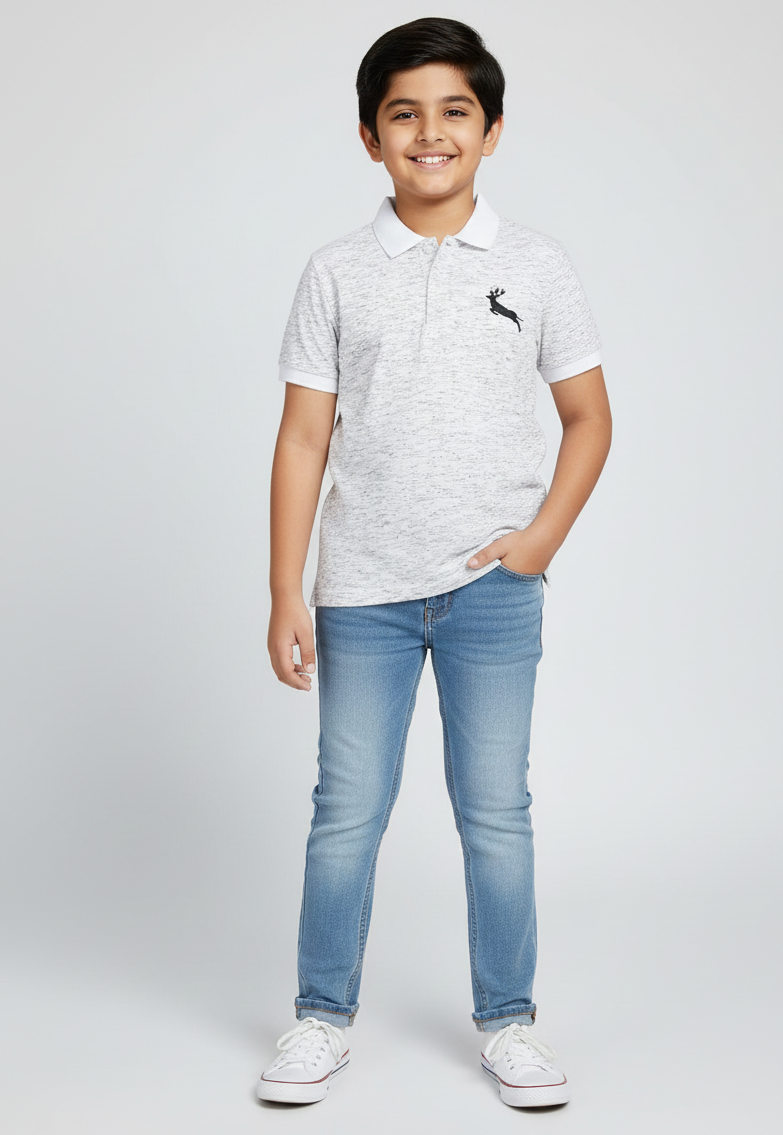 White Self Design Polo Cotton T-shirt