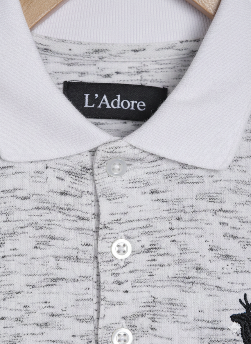 White Self Design Polo Cotton T-shirt