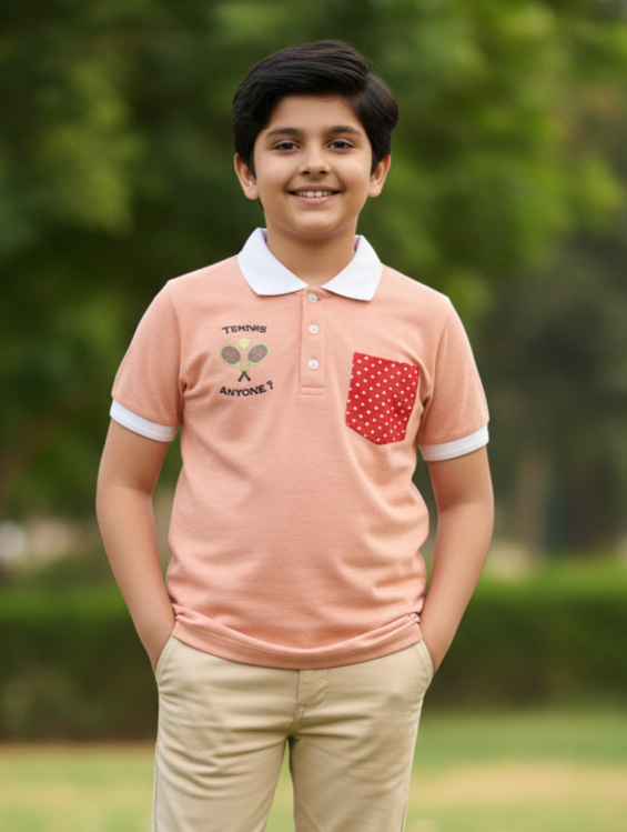 Orange Solid Polo Cotton T-shirt With Embroidery