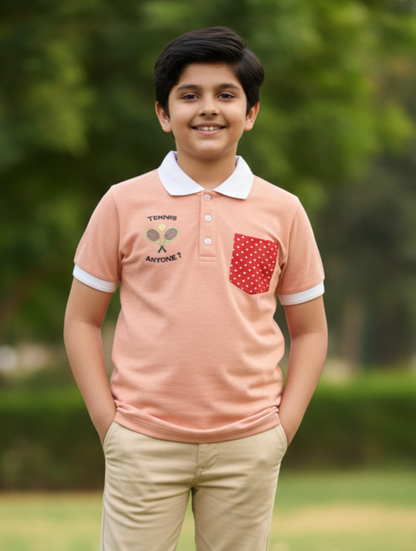 Orange Solid Polo Cotton T-shirt With Embroidery