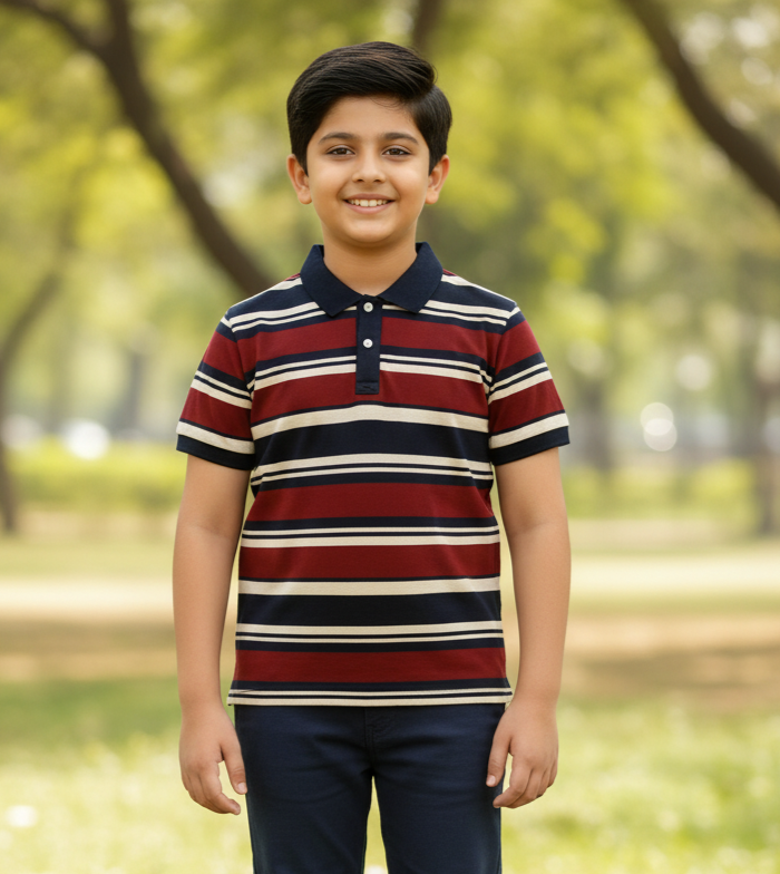 Kids Maroon and Navy Striped Polo Cotton T-shirt