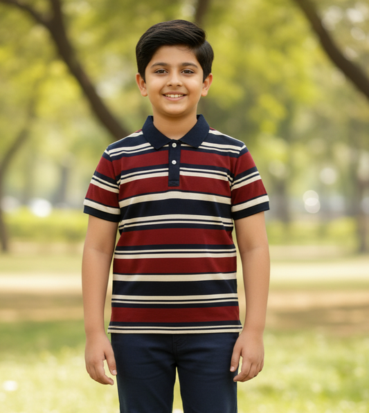 Kids Maroon and Navy Striped Polo Cotton T-shirt