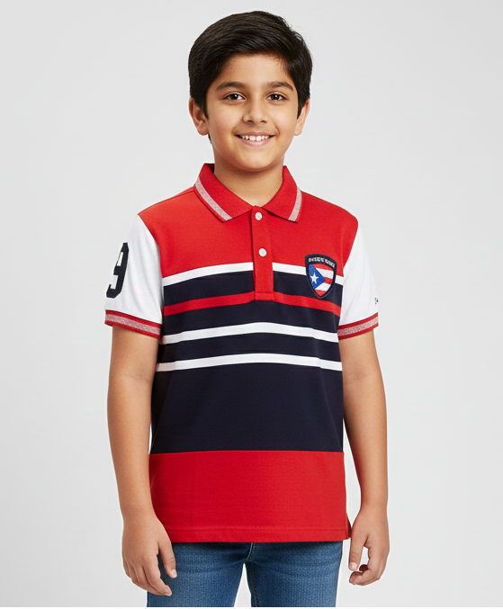 Boys Red Striped Polo Mercerised Cotton T-shirt