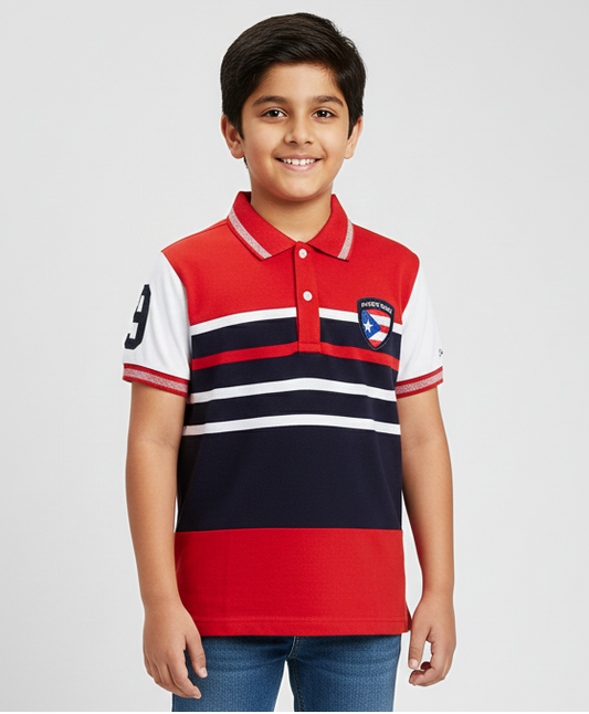 Boys Red Striped Polo Mercerised Cotton T-shirt