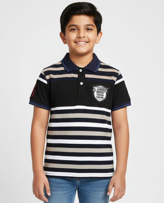 Boys Black Striped Polo Cotton T-shirt