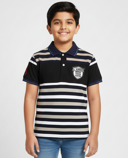 Boys Black Striped Polo Cotton T-shirt