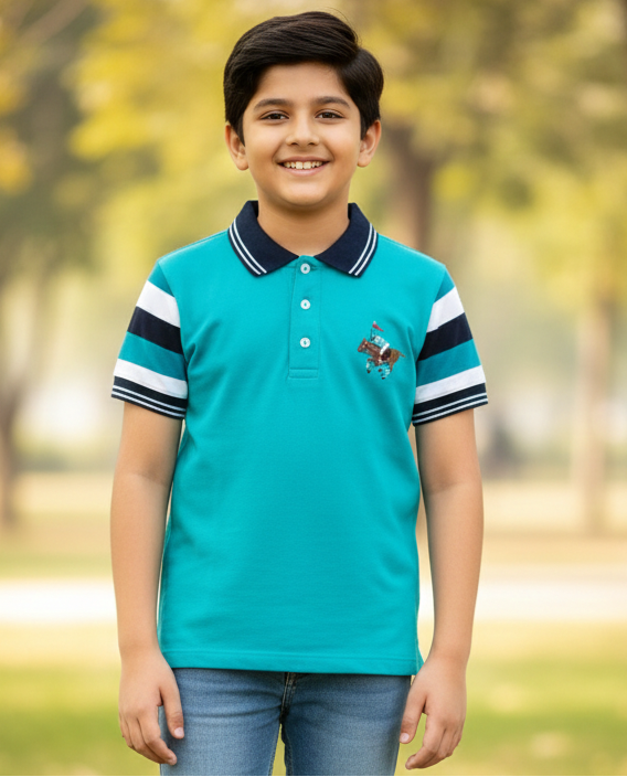 Kids Blue Half Sleeves Cotton Polo T-shirt