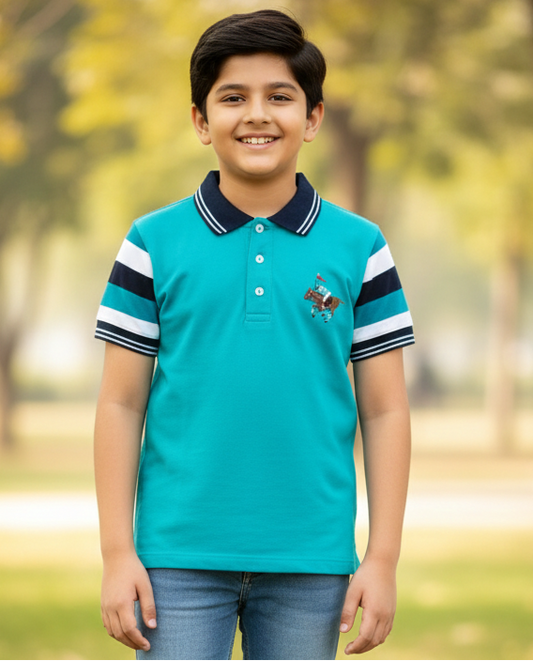 Kids Blue Half Sleeves Cotton Polo T-shirt