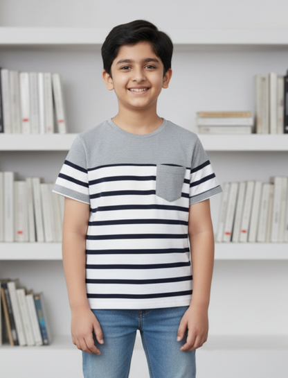 White Striped Round Neck Cotton T-shirt