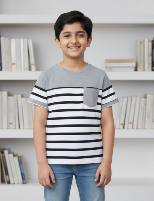 White Striped Round Neck Cotton T-shirt