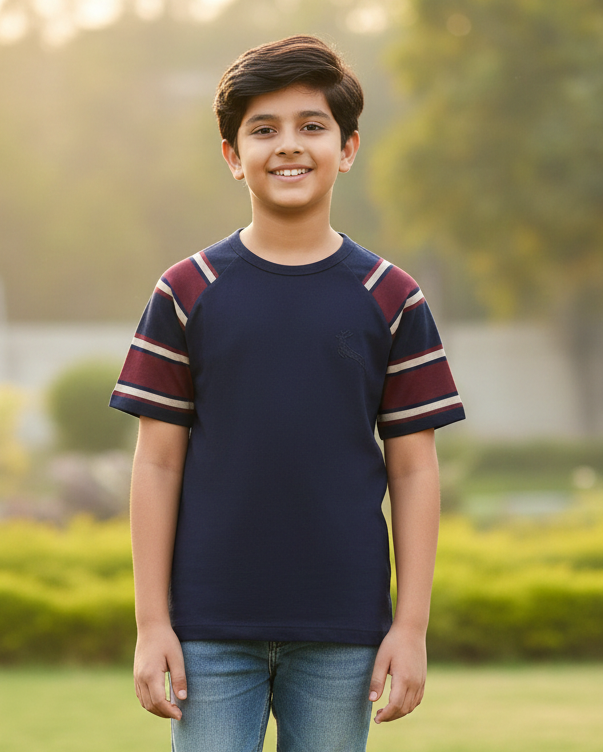 Blue Colourblock Round Neck Cotton T-shirt