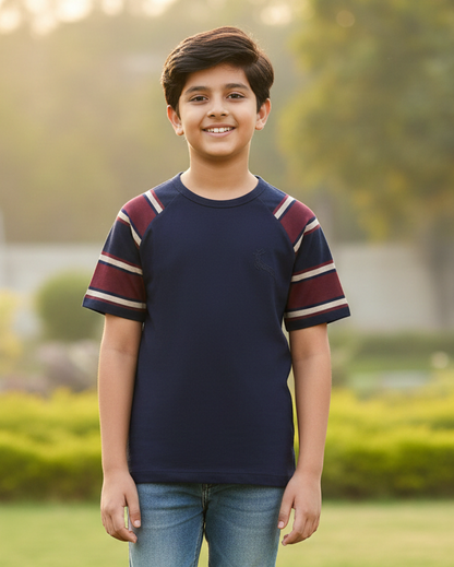 Blue Colourblock Round Neck Cotton T-shirt