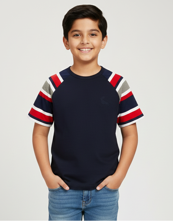 Kids Black Colourblocked Round Neck Cotton T-shirt