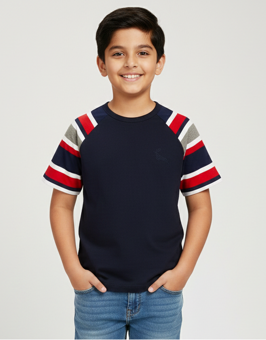 Kids Black Colourblocked Round Neck Cotton T-shirt