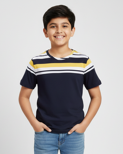 Boys Blue Patterned Round Neck Cotton T-shirt