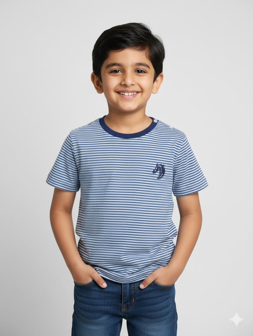 Blue Striped Round Neck Organic Cotton T-shirt