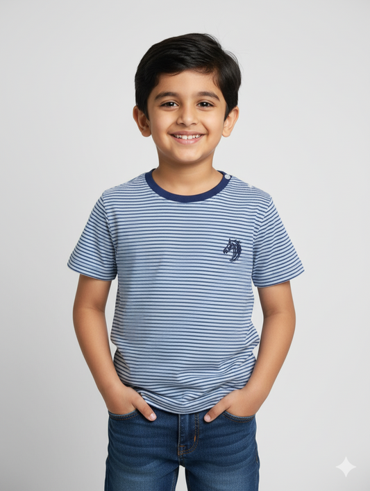 Blue Striped Round Neck Organic Cotton T-shirt