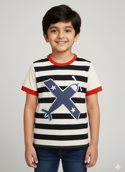Kids White Aeroplane Applique T-shirt