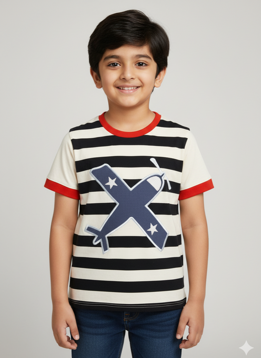 Kids White Aeroplane Applique T-shirt