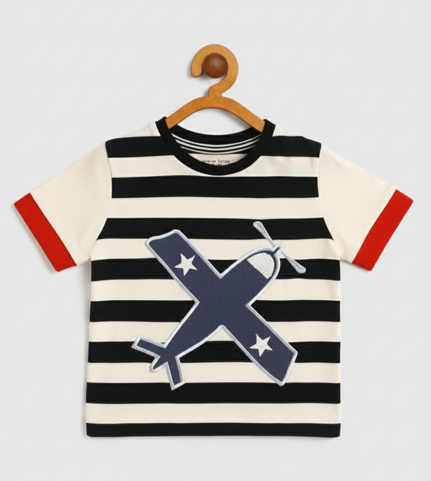Kids White Aeroplane Applique T-shirt
