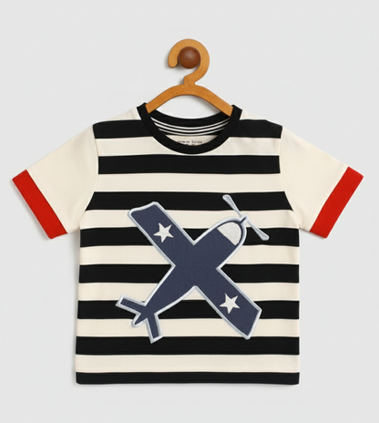 Kids White Aeroplane Applique T-shirt