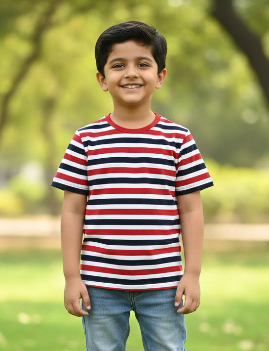 Red Striped Round Neck Cotton T-shirt