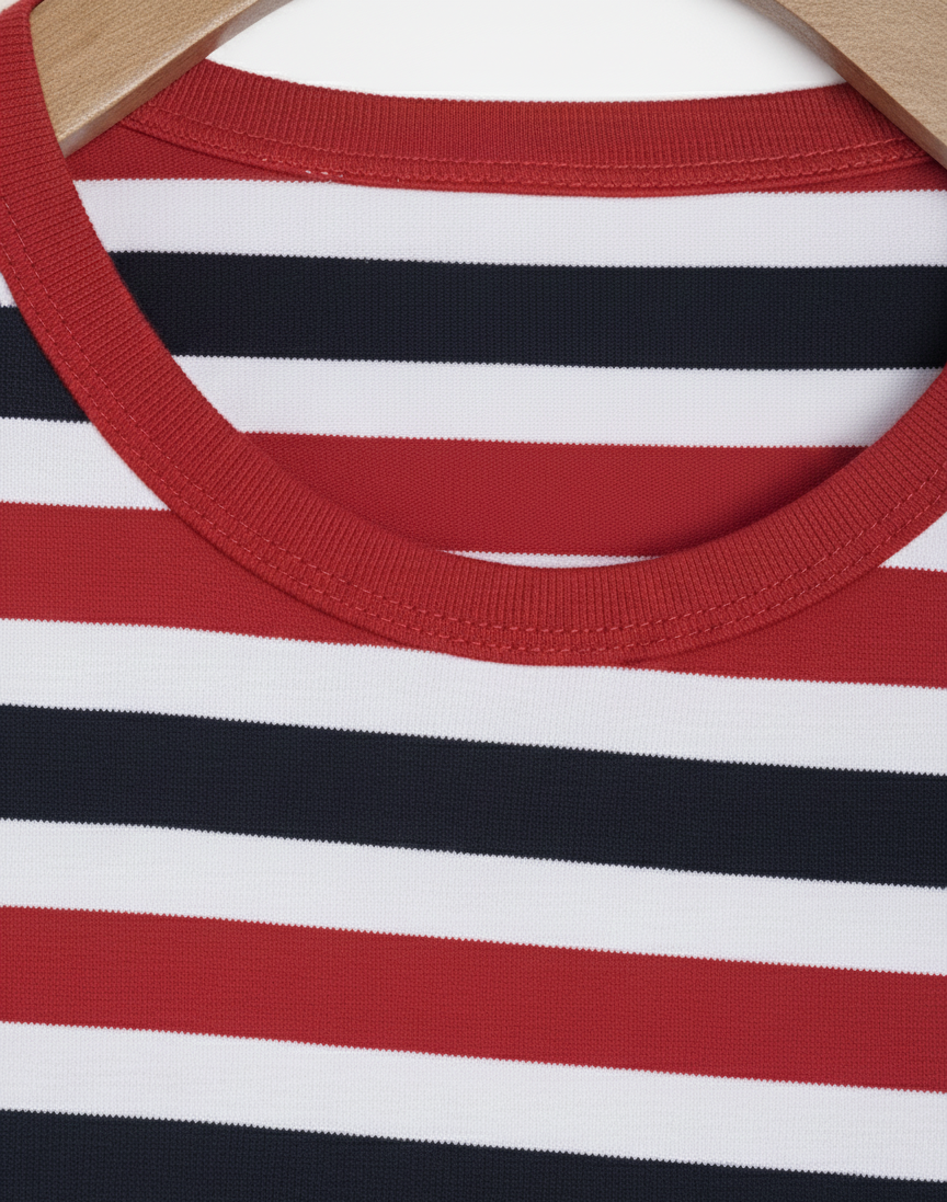 Red Striped Round Neck Cotton T-shirt