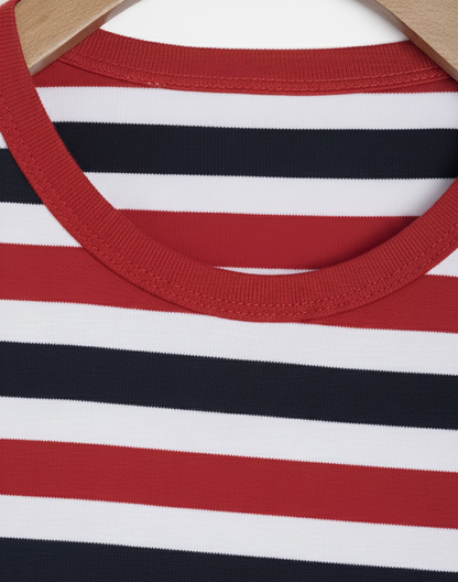 Red Striped Round Neck Cotton T-shirt