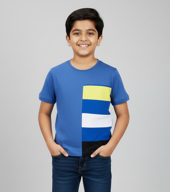 Blue Colourblock Mercerised Cotton T-shirt